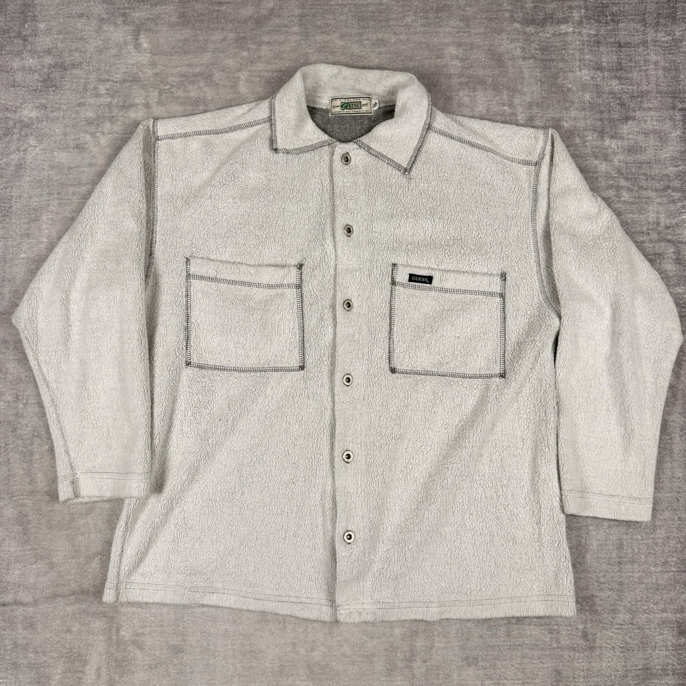 Guess Shirt Mens Small Gray Flannel Sherpa Vintage 90s Button Up 2‎ Pocket